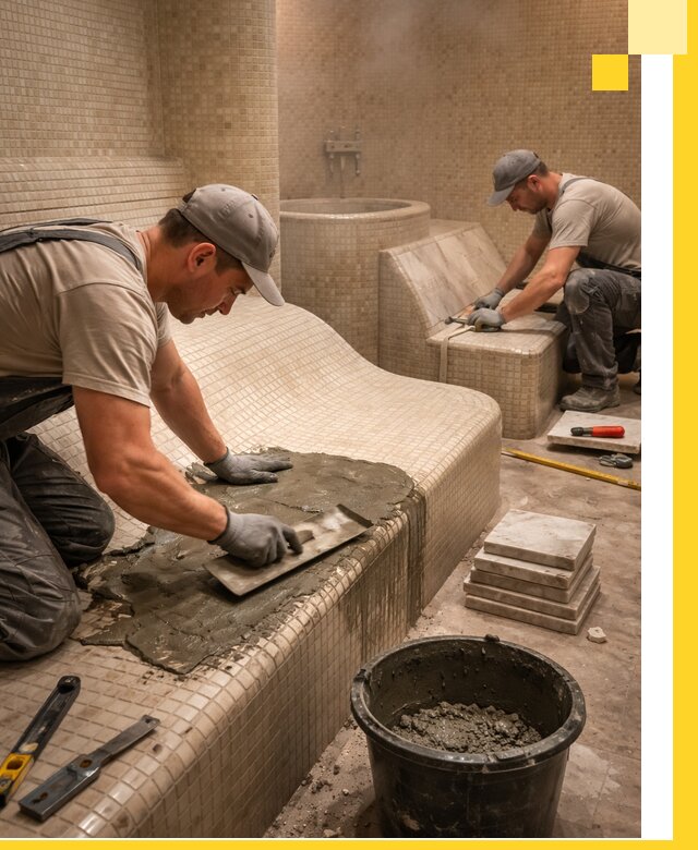 Лежаки для хамама под ключ в Топках, проект и монтаж