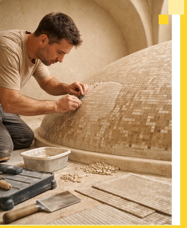 Профессиональная укладка мозаики для хамама под ключ в Топках